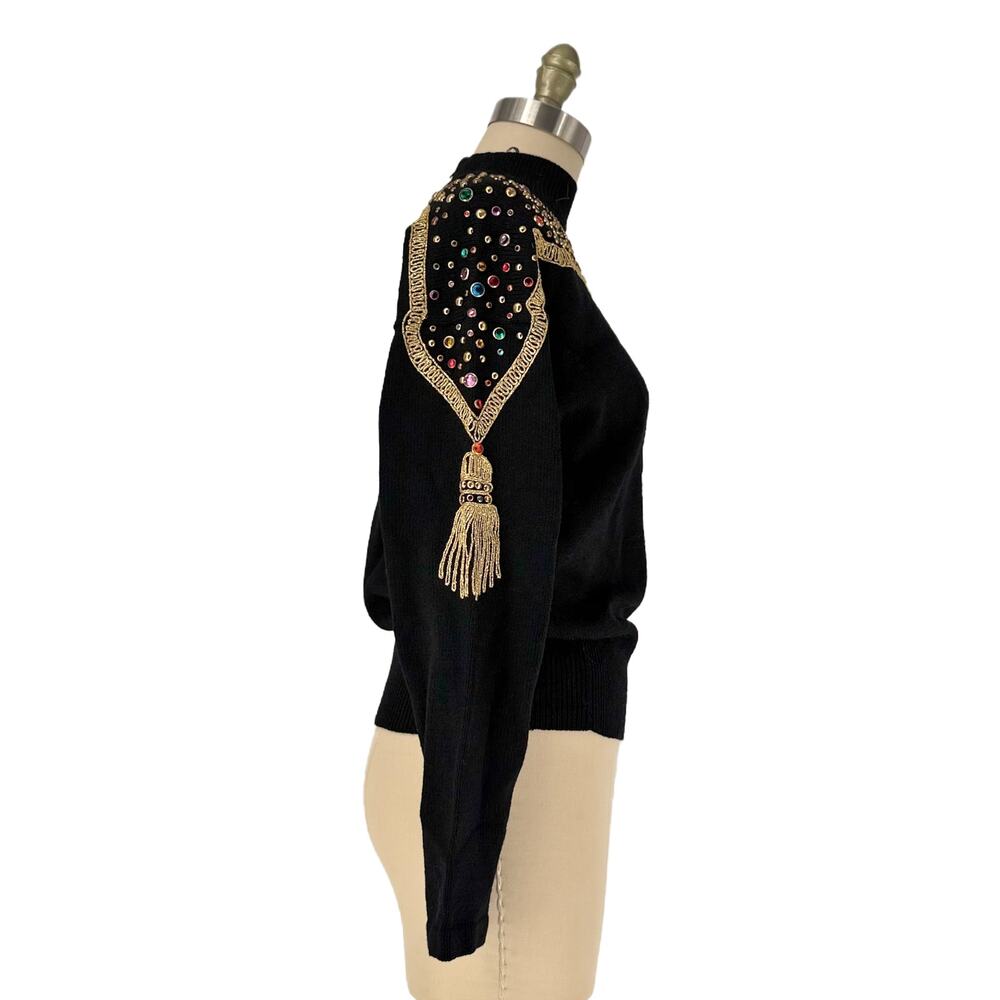 Vintage 80s Antonella Preve NY Gold Tassel + Studs + Rhinestone Sweater Medium - Picture 5 of 16